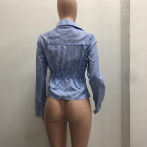 Blus Wanita Bergaris Biru & Putih - Kemeja Berkerah dengan Pinggang Berikat Asimetris Tanpa Elastisitas Sehe Fashion - Product Image 4