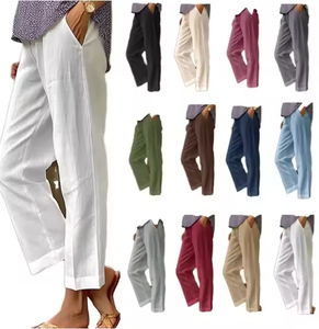 Cotton and <b>Linen</b> Women's <b>Pants</b> Loose Solid Elastic Waist Pocket Straight Leg Trousers Casual Tenths <b>Pants</b> Plus Size - Product Image 1
