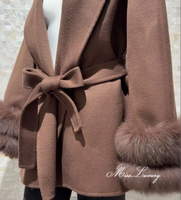 Manteau double face noir et marron sur mesure, avec poignets en fourrure de renard véritable détachables et ceinture, fabrication OEM, vente en gros, marque privée pour boutiques