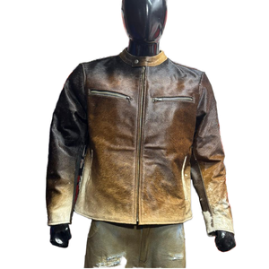Unisex Autumn Retro Washed <b>Leather</b> Biker <b>Jacket</b> with Gradient Zip Design Waterproof & Windproof Solid Pattern Standing Collar - Product Image 2