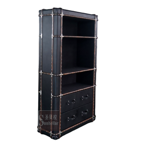 Foshan Factory Directly OEM ODM Retro Vintage negro cuero librería 3 niveles con 2 cajones madera ratán almacenamiento estantería hogar - Product Image 3