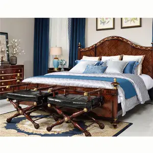 Conjunto de quarto europeu barroco, clássico, britânico, antigo, madeira sólida, cama king size
