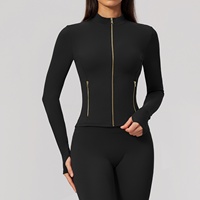 Veste de yoga OEM à fermeture éclair dorée, séchage rapide, col montant, coupe ajustée, haute élasticité, respirante, pour femme, idéale pour la course et la gym