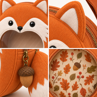 Sac à bandoulière personnalisé en forme de renard avec fenêtre transparente en PVC en forme de cœur, doublure Forêt d'automne, breloque chouette, sac souple
