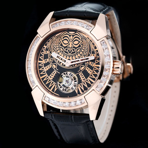 Montre mécanique pour homme avec motif tribal totem, tourbillon, boîtier personnalisé, bracelet en cuir de crocodile noir, montre automatique - Product Image 3