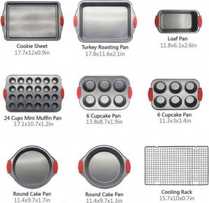 9pcs Aluminum Non-Stick Carbon Steel <b>Baking</b> Pans & <b>Cooling</b> <b>Rack</b> with Silicone Handle Oven Safe Set for Food Commercial Buyers - Product Image 4