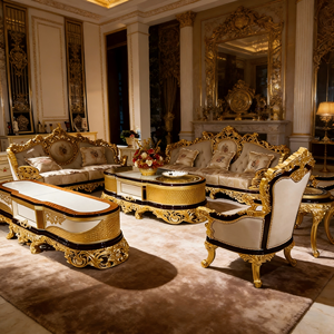 Set di Divani in Stile Reale Europeo, Arredamento per Soggiorno con Cornice Dorata Intagliata, Grande Set di Divani per Salotto - Product Image 4