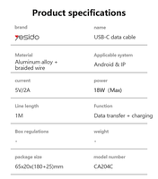 Kabel Data USB ke Type-C Yesido 1 Meter 18W Pengisian Cepat, Casing Aluminium Alloy, Tembaga Berkualitas Tinggi CA204C