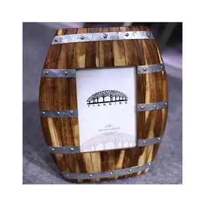 Rustic Wedding Tabletop Decor Wood Photo Frame | Wine Barrel-style Metal Inlay Wooden Frame | Wooden Barrel Design Picture Frame