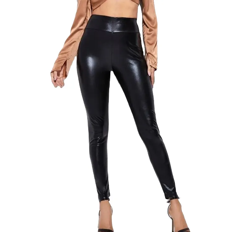 Black Women Trousers Clothing High Waisted PU Leather Skinny Pants