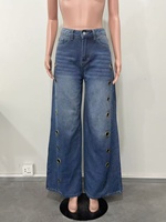 Nouveau Jean droit mi-long pour femme, style urbain, avec œillets métalliques ajourés, couleur unie, coupe ample et décontractée