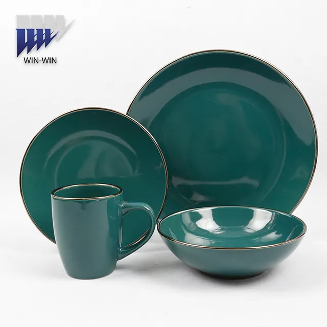 16pcs color glazed stoneware dinner set with silver line for wholesale