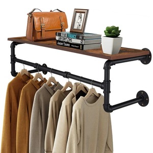 Wholesale <strong>Industrial</strong> <strong>Pipe</strong> Clothing Rack Wall Mounted Wood Shelf <strong>Pipe</strong> <strong>Shelving</strong> Floating Shelves Retail Garment Rack Display Racks - Product Image 4