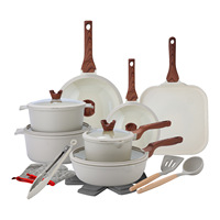 Ensemble de casseroles et poêles en aluminium blanc de qualité supérieure, 21 pièces, antiadhésif professionnel, effet granit, avec poignées imitation bois