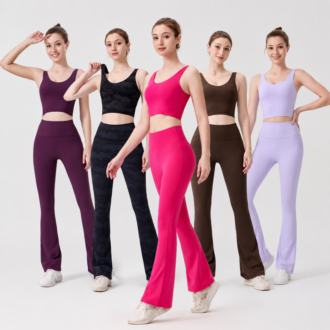 Half Zip Off-the-Shoulder Bra & Flare Pants 2-Piece Set Women Plus Size Eco-Friendly Gym Wear Seamless Breathable Light-Weight