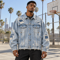 Veste en jean oversize pour homme, bleu clair, déchirée, effet usé, patchwork, éclaboussures de peinture, personnalisable, B2B, OEM, ODM, vente en gros, marque privée