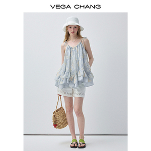 VEGA CHANG Light <strong>Blue</strong> Lace Embroidered <strong>Cami</strong> <strong>Top</strong> Women with Double Layer Ruffle Hem and Loose Fit Casual Sleeveless <strong>Top</strong> - Product Image 4