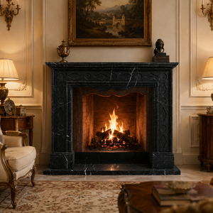 Chimenea tradicional de mármol con tallado ornamentado, de mármol negro Marquina, para interiores, con estufa de leña para comedor. - Product Image 1