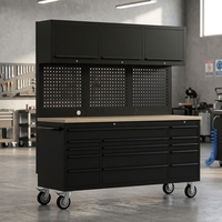 Armoire à outils mobile noire avec tiroirs, panneau perforé, portes verrouillables et banc de garage roulant