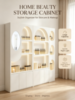 Vitrine de présentation murale LED écologique et durable pour cosmétiques, avec étagères creuses cintrées pour soins de la peau et parfums