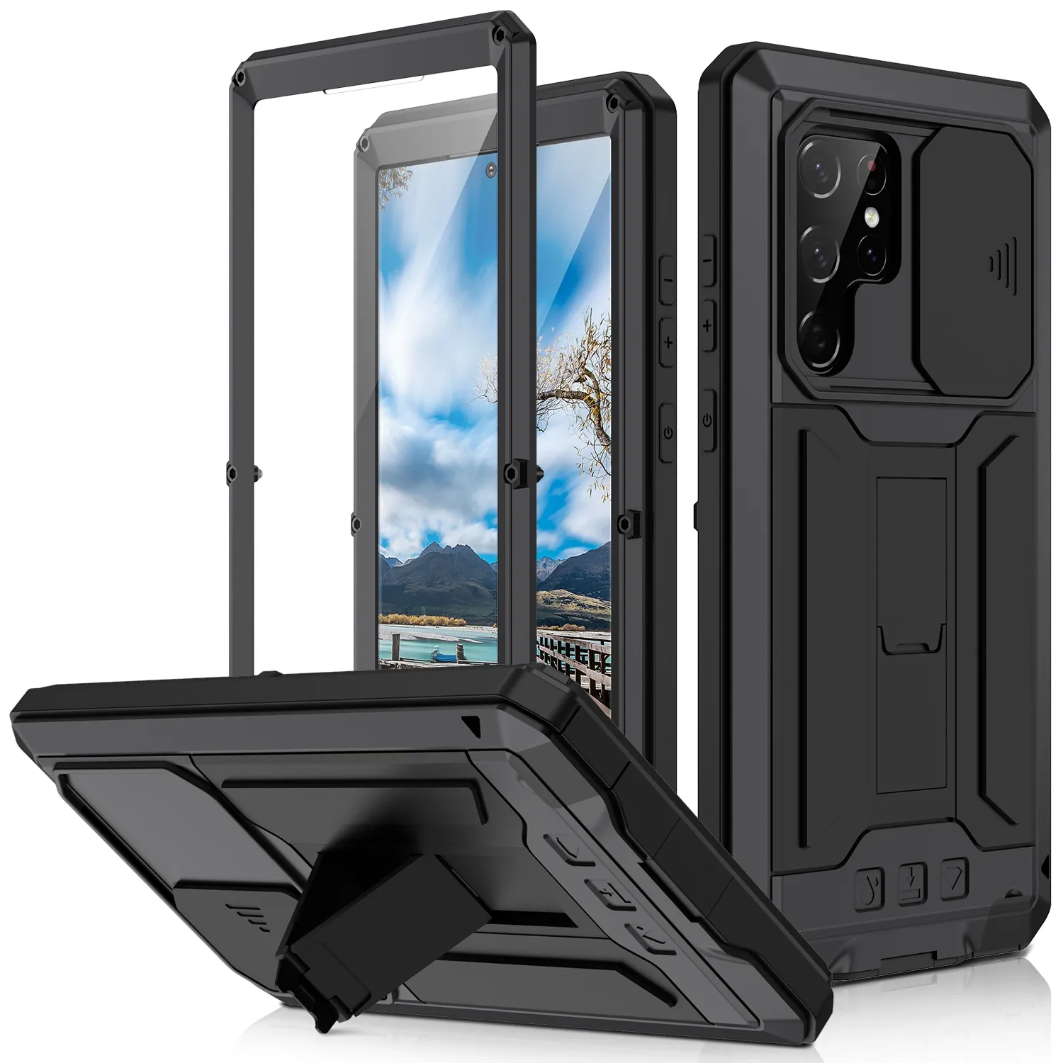 Cámara deslizante de Metal para Samsung Galaxy S22 Ultra 5G R-JUST, funda de teléfono con soporte de silicona