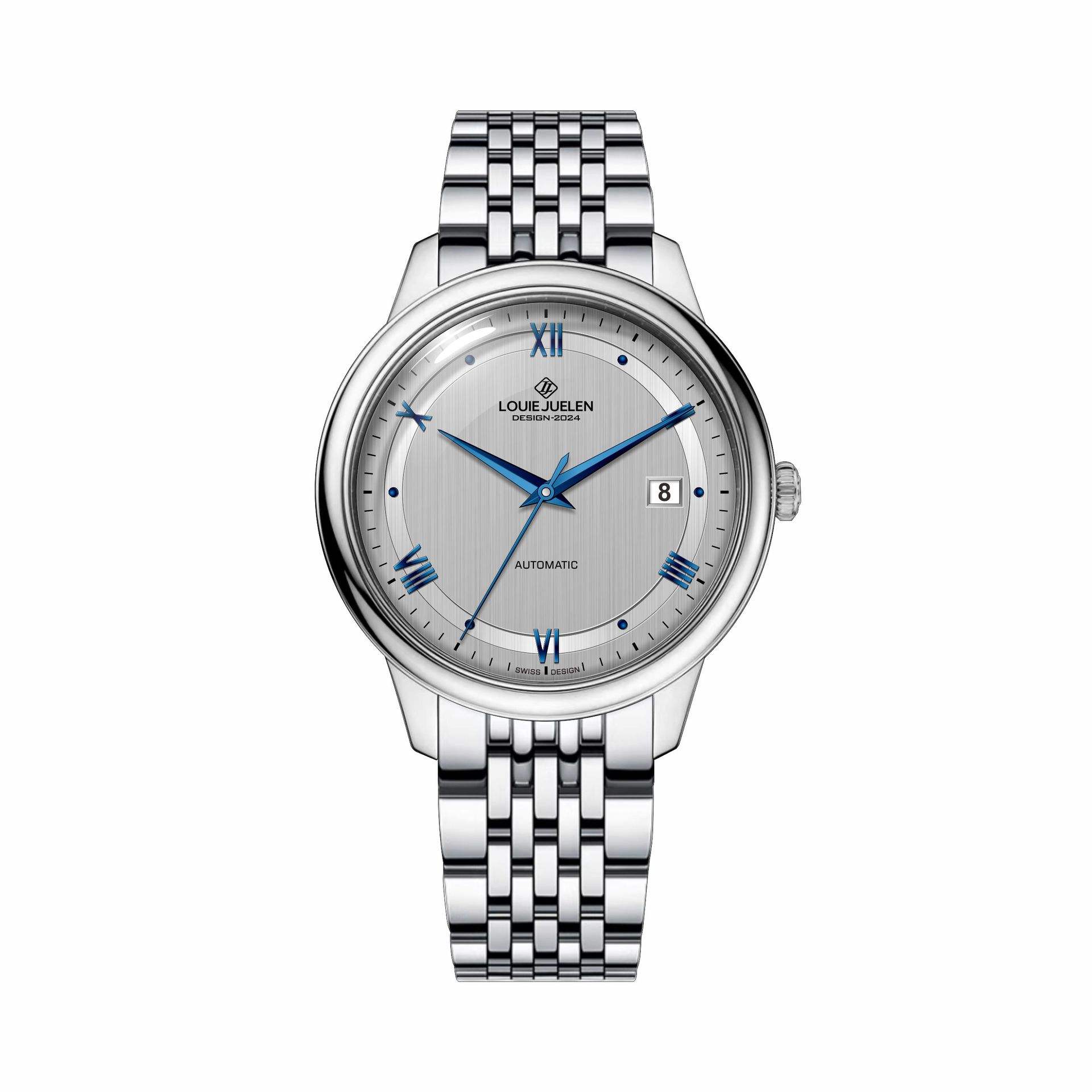 กรณีเงิน L-9494สีขาวและสีฟ้าเล็บเข็มขัดเหล็ก