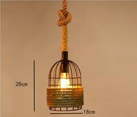 Lustre Cage à Oiseaux Industrielle Rétro pour Restaurant ou Bar E27 Lampe Décorative en Corde de Chanvre Style Rustique Forme Longue