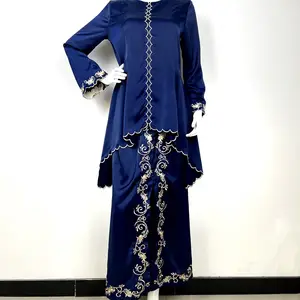 2023 새로운 이슬람 여성 Baju Kurung 럭셔리 수 놓은 Duchness 새틴 말레이시아 인도네시아 여성 Kurung Murah 세트 이슬람 착용