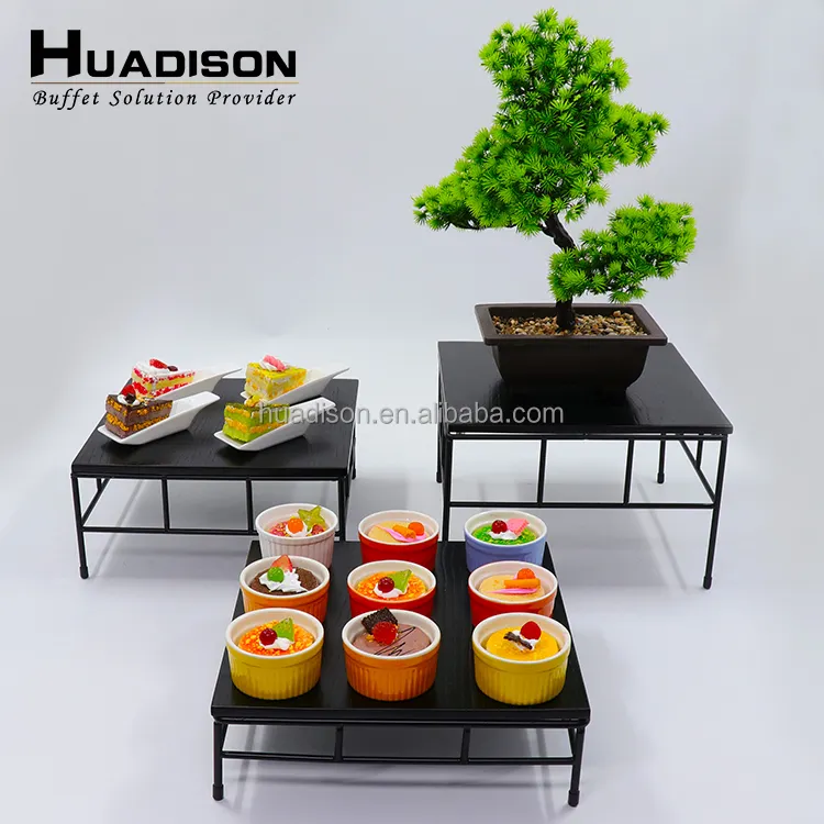 Huadison Đồ Dùng Tự Chọn Chất Lượng Cao Buổi Chiều Trà Đứng Vuông Tự Nhiên Gỗ Riser Cho Với Thép Không Gỉ Bracket