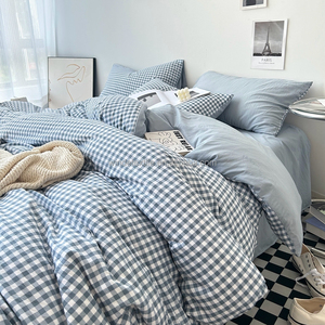 Readymade <strong>Checkered</strong> Polyester Duvet Cover Set Blued and White <strong>Bedsheet</strong> with 2 Pillowcases on Sale - Product Image 3