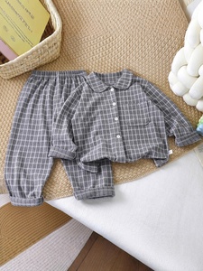 Ensemble de pyjamas pour enfants style coréen, cardigan à carreaux simple pour garçons et filles, vêtements d'intérieur à revers, deux pièces, chaud, en polyester - Product Image 5