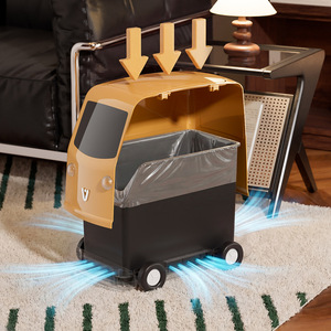 Retro Bus Style Trash Can With Wheels Narrow Slot Push Button Indoor Waste <b>Bin</b> For Living Room Bedroom Kids Room - Product Image 2