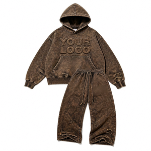 Chándal de invierno personalizado para hombre, informal, liso, de ajuste holgado, de tejido grueso, con lavado ácido, estilo vintage, desgastado, con capucha. - Product Image 6