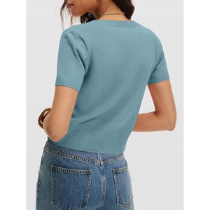 FOXA Suéter corto de manga corta con cuello en V para mujer, top de punto suave y ligero para uso informal de primavera y verano - Product Image 6