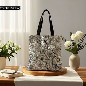Sac fourre-tout en toile réutilisable multifonctionnel avec motif de papillons et de fleurs 2D, adapté aux supermarchés, aux écoles et aux voyages - Product Image 6