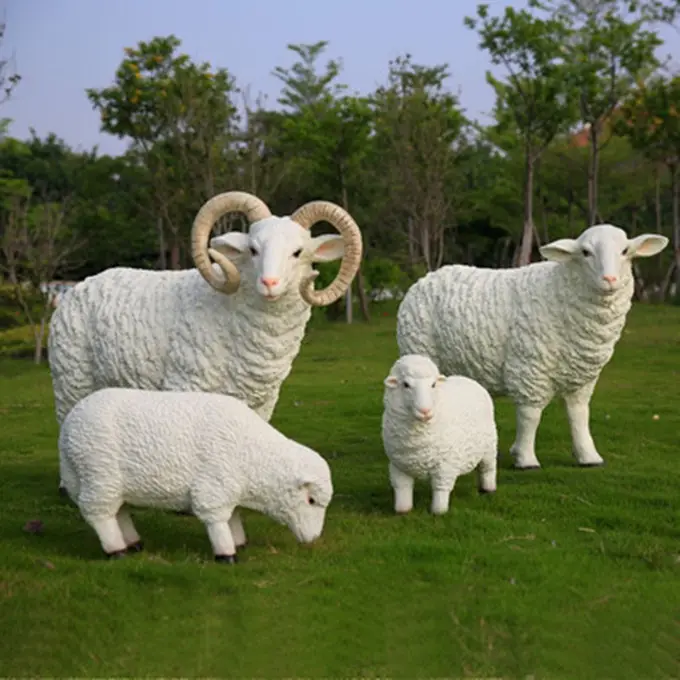 Statue de famille de mouton en fibre de verre grandeur nature, Sculpture d'animal pour jardin, cour, pelouse, décoration de paysage