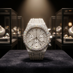 Montre analogique à quartz de luxe pour homme en acier inoxydable 40 mm, bracelet 20 mm, chronographe entièrement serti de diamants, résistante à l'eau 30 m, écologique - Product Image 2