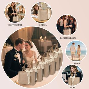 Sacs de courses en toile de <span class=keywords><strong>jute</strong></span> réutilisables personnalisés à faire soi-même en gros, cadeaux de mariage de demoiselle d'honneur de Noël, sacs fourre-tout en <span class=keywords><strong>jute</strong></span> avec ruban - Product Image 4