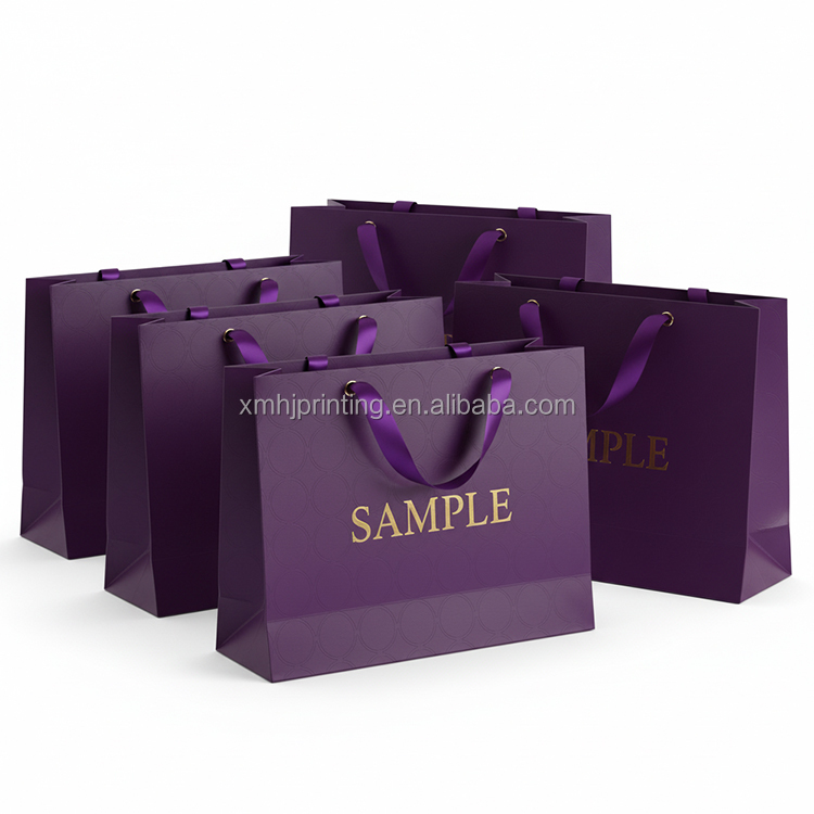 Custom Size Logo Biodegradable Kraft Paper Eco-Ink Printing Shopping Paper Bags With Ribbon Handle