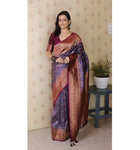 ผ้าส่าหรีผ้าไหมนุ่มลายดอกลาเวนเดอร์ที่สง่างามพร้อมด้วยการถักแบบซิกแซ็กเมนาการิซารีที่สวยงามเหมาะสำหรับงานแต่งงาน - Product Image 1