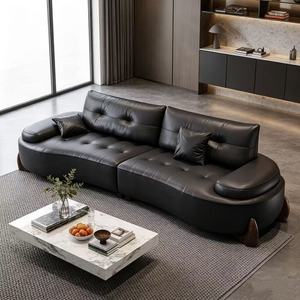 Premium Black Tufted Leather Curved <b>Sofa</b> With Walnut Wood Base For Living Room - Product Image 1