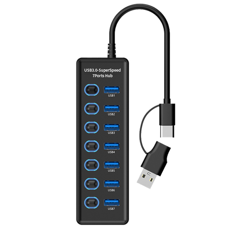 Negro 607 USB + Tipo-C doble cabezal de 0.3m a 7 puertos 30.
