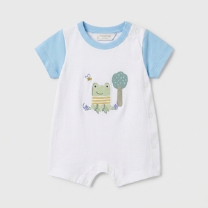 Barboteuse Bébé Brodé Grenouille Mignonne Manches Courtes Blanche avec Accents Bleu Marine en Coton Doux Fermeture à Boutons-Pression Vêtement d'Été pour Nourrisson - Product Image 4