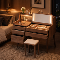 Coiffeuse en noyer style Mid-Century avec miroir LED relevable, armoire en verre cannelé, 4 tiroirs et tabouret