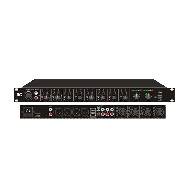 Stereo Mixer Pre-Amp, 2 Mic & 4 Aux Inputs, Stereo Output Pre Amplifiers and 8 Inputs & 4 XLR Balanced Outputs