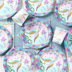 Décorations de fête d'anniversaire de la petite sirène, vaisselle jetable, fête prénatale, 1er anniversaire, fête de la petite fille sirène, assiettes en papier - Product Image 3