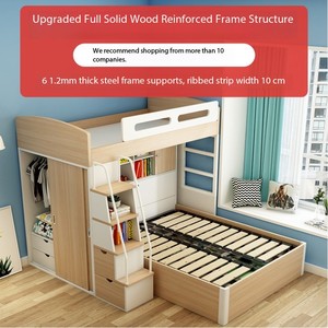 Lits superposés muraux en bois de pin massif écologiques modernes pour adolescents avec rangement, armoire et bureau double - Product Image 4