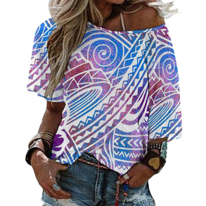 レディースルースミッドスリーブTシャツカスタムレディーストップスパシフィックアイランドアートワンショルダーブラウスポリネシア部族デザイン女性ブラウス - Product Image 3