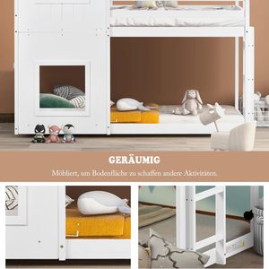 Lit superposé en bois pour enfants 90x200cm, lit mezzanine 2 places avec design <span class=keywords><strong>cabane</strong></span> et barrière, pour chambre à coucher - Product Image 3