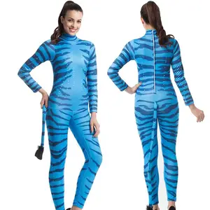 Corzzet Blue Avatar For Adult Women Halloween Costume Zipper Catsuit with Tail Masquerade Party Performance Dance Animal Costume